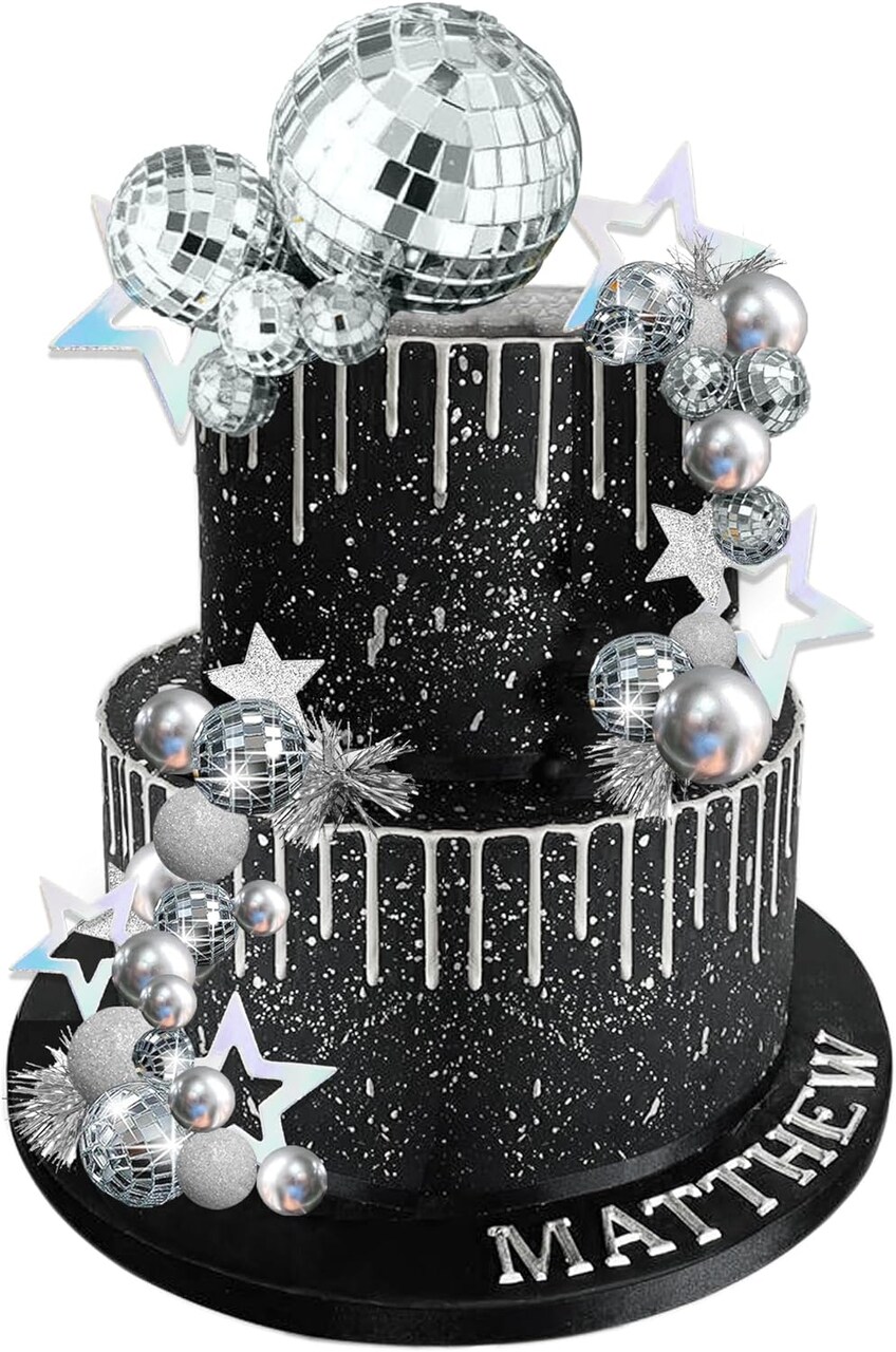 Disco Ball Cake Topper Mirror Balls Cake Decorations with Silver Stars Cake Topper for 70s 80s Disco Dance Party Saturday Night Fever Supplies (Style 1)
